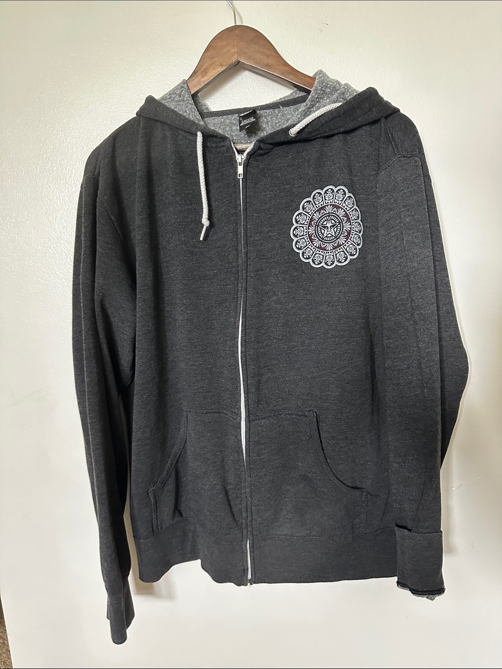 Obey Charcoal Gray Zip-Up Hoodie with Mandala Chest Emblem